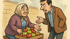 Banc: O bunicuță vinde mere „de la Cernobîl”