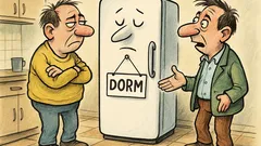 Banc: Doi prieteni stau de vorbă despre frigider