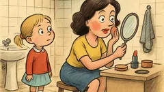 Banc: Alinuța, la cinci ani, o observă machiindu-se