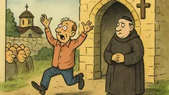 Banc: La intrarea într-o mănăstire, din mulțime