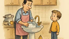 Banc: Un bărbat spală vasele, fiul întreabă
