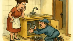 Banc: Gospodina disperată și instalatorul sub chiuvetă