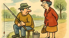 Banc: Trece o doamnă pe lângă un pescar