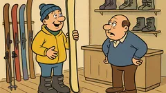 Banc: Un turist entuziasmat intră la închirieri schiuri