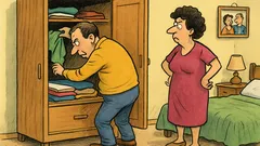 Banc: Un bărbat caută prin dulap