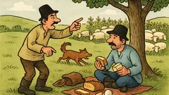 Banc: Doi ciobani, cu oile pe câmp