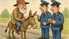 Banc: Un bătrân călare pe-un măgar oprește poliția