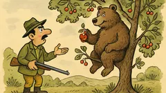 Bancul: Un vânător vede un urs într-un vișin