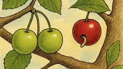 Banc: Două cireșe necoapte stau pe-o creangă